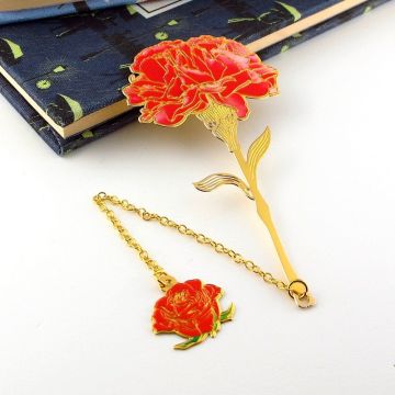 Kırmızı Karanfil Çiçeği Çiçek Altın Rengi Metal Ayraç Kitap Ayracı Zincirli AY024