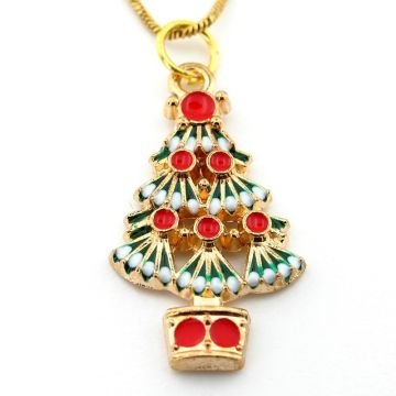 Yılbaşı Yeni Yıl Süslü Çam Ağacı Noel Çelik Zincir Kolye Q0746