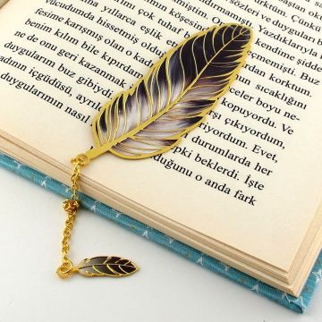 Siyah Kuş Tüyü Hokka Okuyucu Vintage Metal Ayraç Kitap Ayracı Zincirli AY031
