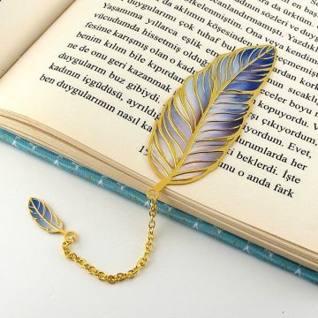 Mavi Kuş Tüyü Hokka Okuyucu Vintage Metal Ayraç Kitap Ayracı Zincirli AY032