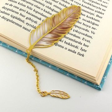 Krem Kuş Tüyü Hokka Okuyucu Vintage Metal Ayraç Kitap Ayracı Zincirli AY033