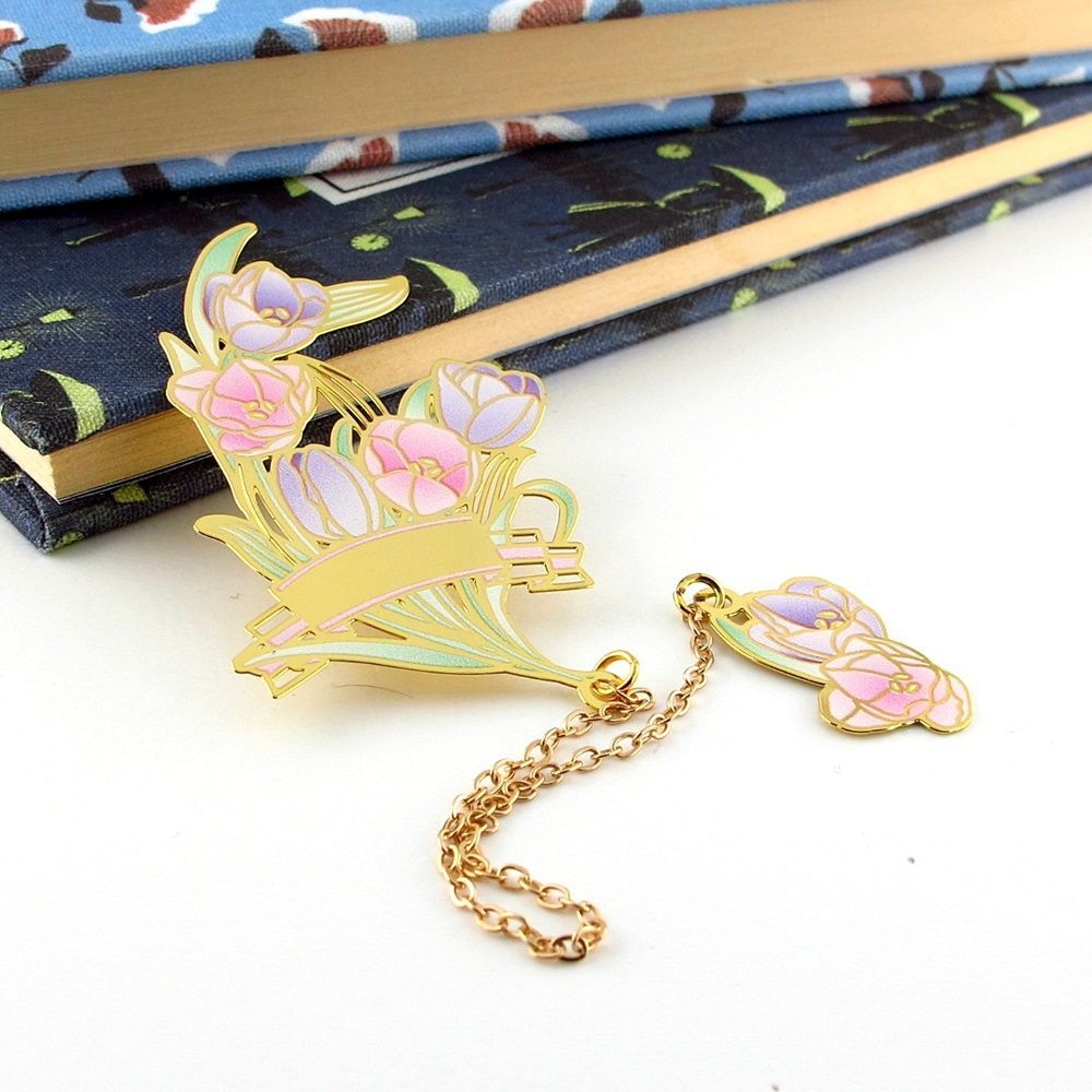 Pembe Mor Laleler Çiçek Bookmark Metal Ayraç Kitap Ayracı Zincirli AY040