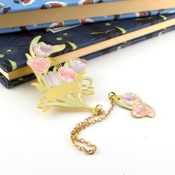 Pembe Mor Laleler Çiçek Bookmark Metal Ayraç Kitap Ayracı Zincirli AY040