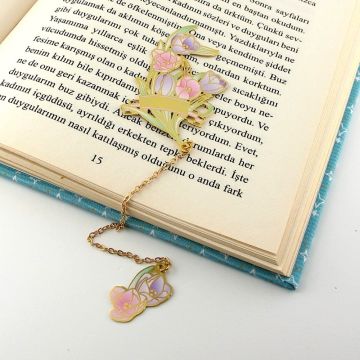 Pembe Mor Laleler Çiçek Bookmark Metal Ayraç Kitap Ayracı Zincirli AY040