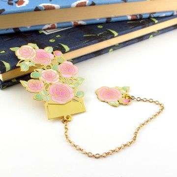 Pembe Güller Çiçek Bookmark Metal Ayraç Kitap Ayracı Zincirli AY041