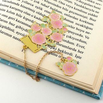 Pembe Güller Çiçek Bookmark Metal Ayraç Kitap Ayracı Zincirli AY041