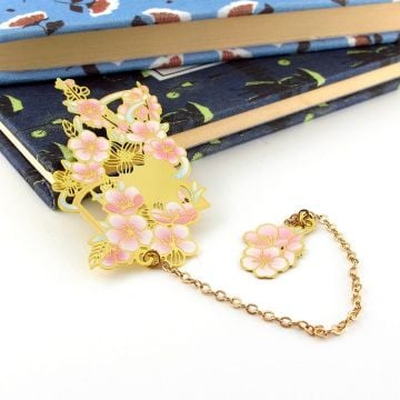 Şeftali Çiçeği Çiçek Dalı Bahar Bookmark Metal Ayraç Kitap Ayracı Zincirli AY042