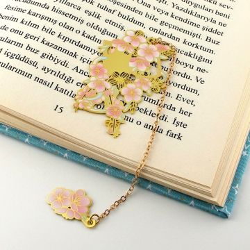Şeftali Çiçeği Çiçek Dalı Bahar Bookmark Metal Ayraç Kitap Ayracı Zincirli AY042