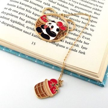 Elma Yiyen Panda Bookmark Okuyucu Metal Ayraç Kitap Ayracı Zincirli AY044
