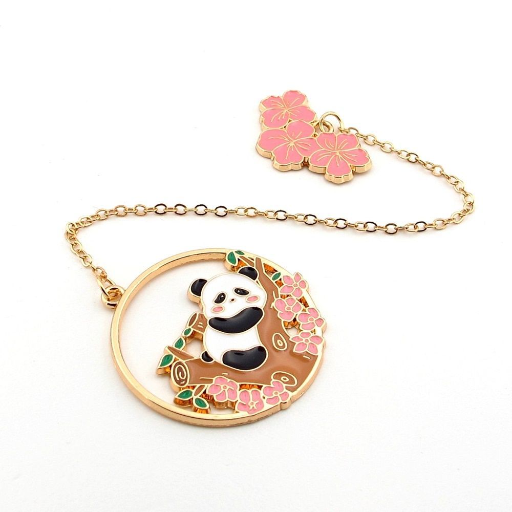 Çiçekli Ağaç Dalında Panda Bookmark Metal Ayraç Kitap Ayracı Zincirli AY045