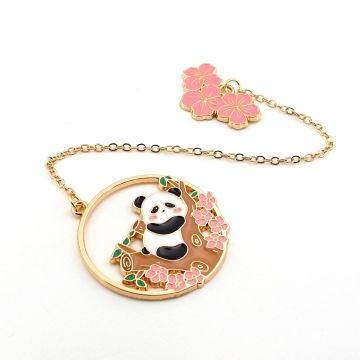 Çiçekli Ağaç Dalında Panda Bookmark Metal Ayraç Kitap Ayracı Zincirli AY045