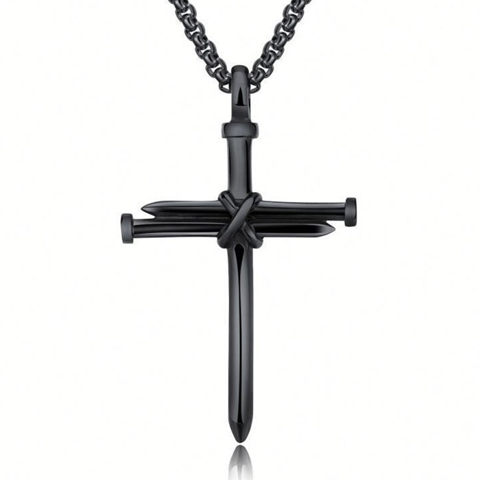 ÇİVİ HAÇ ÇARMIH İSTAVROS KATOLİK ERKEK SİYAH METAL KOLYE Q0466
