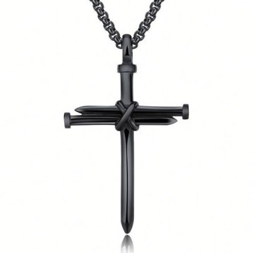 ÇİVİ HAÇ ÇARMIH İSTAVROS KATOLİK ERKEK SİYAH METAL KOLYE Q0466
