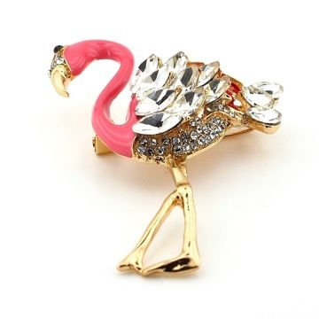 Pembe Flamingo Kuşu Beyaz Zirkon Taşlı Broş RZ185