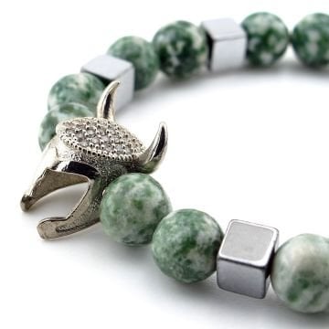 Zirkon Taşlı Viking Savaşçı Kask Yeşil Jasper Doğal Taş Erkek Bileklik J0249