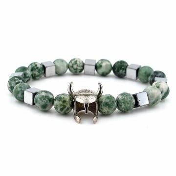 Zirkon Taşlı Viking Savaşçı Kask Yeşil Jasper Doğal Taş Erkek Bileklik J0249