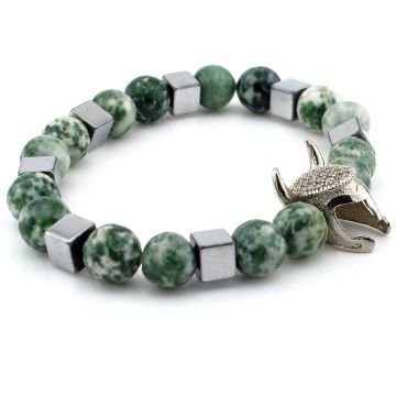 Zirkon Taşlı Viking Savaşçı Kask Yeşil Jasper Doğal Taş Erkek Bileklik J0249