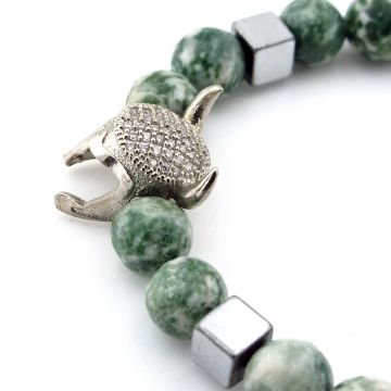 Zirkon Taşlı Viking Savaşçı Kask Yeşil Jasper Doğal Taş Erkek Bileklik J0249