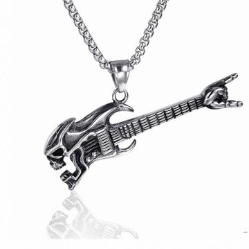 BASS GİTAR KURUKAFA ROCK N ROLL ÇELİK ERKEK KOLYE ZİNCİR Q0555