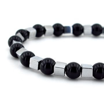 6mm Siyah Oniks ve Gümüş Renk Hematit Doğal Taş Erkek Bileklik J0263