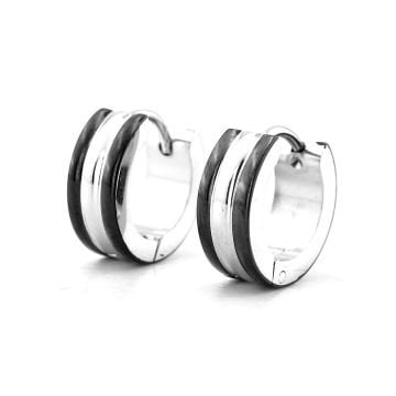 Gümüş Renk Şerit Siyah Çizgi 13mm Çap Paslanmaz Çelik Halka Erkek Küpe ER103