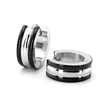 Gümüş Renk Şerit Siyah Çizgi 13mm Çap Paslanmaz Çelik Halka Erkek Küpe ER103