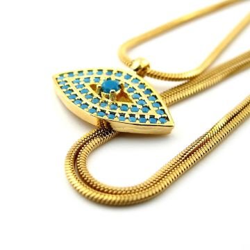 Nazar Göz Mavi Zirkon Taşlı Sarı Çelik Zincir Kadın Kolye Q0871