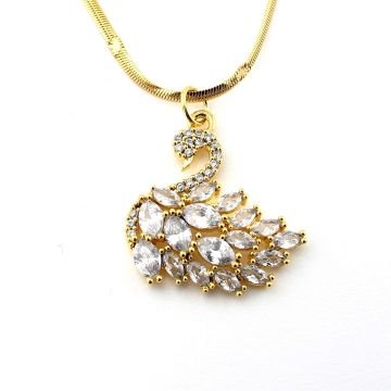 Beyaz Kuğu Kristal Taşlı Sarı Yassı İtalyan Çelik Zincir Kadın Kolye Q0876