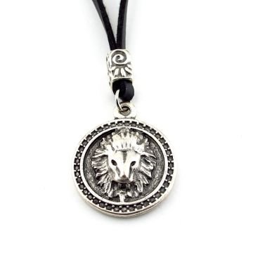 Kabartma Aslan Leon Burç Deri Metal Madalyon Erkek Kolye Q0889