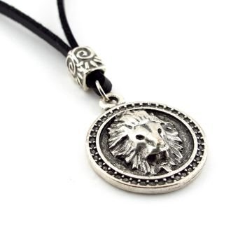 Kabartma Aslan Leon Burç Deri Metal Madalyon Erkek Kolye Q0889