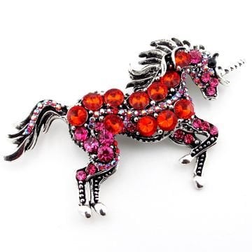 Renkli Kırmızı Pembe Taşlı Büyük Unicorn Tek Boynuzlu At Broş RZ201