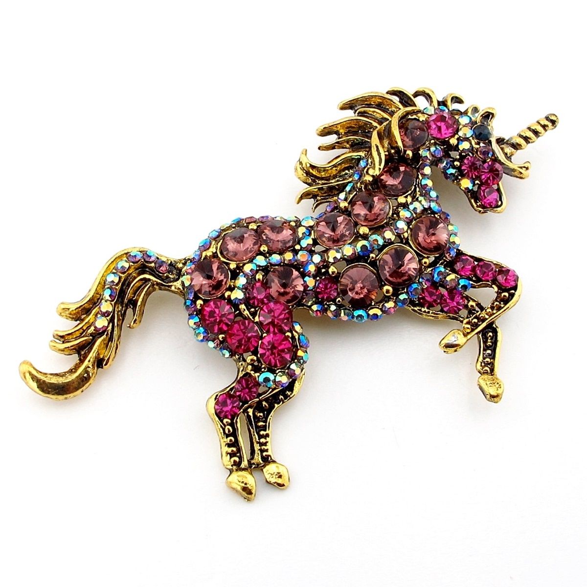 Renkli Pembe Taşlı Büyük Unicorn Tek Boynuzlu At Broş RZ202