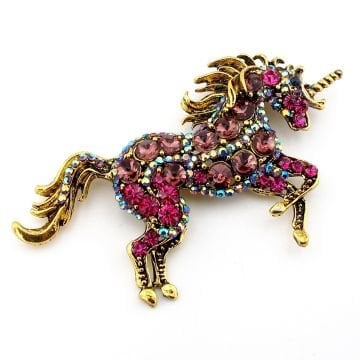 Renkli Pembe Taşlı Büyük Unicorn Tek Boynuzlu At Broş RZ202