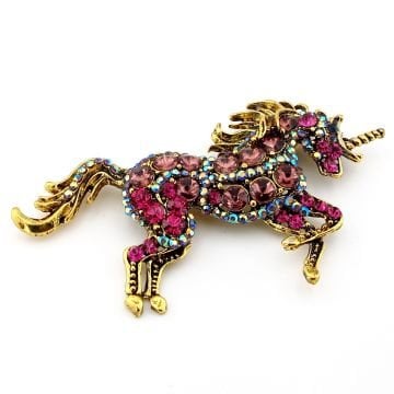 Renkli Pembe Taşlı Büyük Unicorn Tek Boynuzlu At Broş RZ202