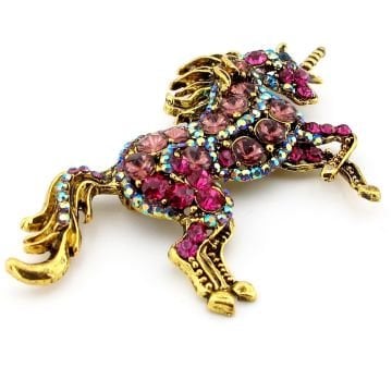 Renkli Pembe Taşlı Büyük Unicorn Tek Boynuzlu At Broş RZ202
