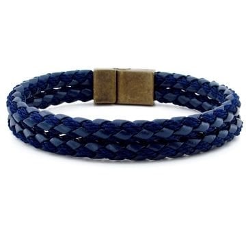 BRONZ KLİPS İKİ SIRALI LACİVERT ÖRGÜ DERİ ERKEK BİLEKLİK M030C