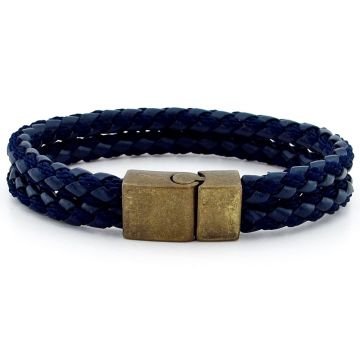BRONZ KLİPS İKİ SIRALI LACİVERT ÖRGÜ DERİ ERKEK BİLEKLİK M030C