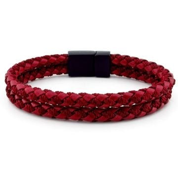 SİYAH METAL MIKNATIS 2 SIRA BORDO ÖRGÜ DERİ ERKEK BİLEKLİK M032D