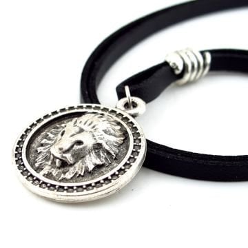 Aslan Burcu Leo Kabartma Aslan Metal Siyah Deri Erkek Kolye Q0899