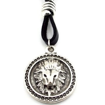 Aslan Burcu Leo Kabartma Aslan Metal Siyah Deri Erkek Kolye Q0899