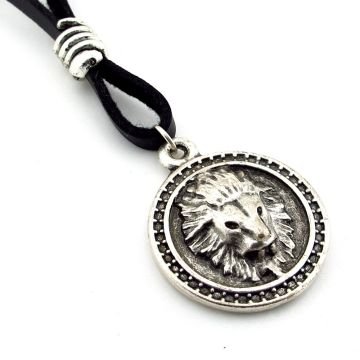 Aslan Burcu Leo Kabartma Aslan Metal Siyah Deri Erkek Kolye Q0899