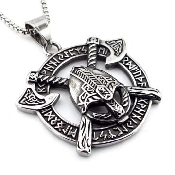 Viking Savaşçı Kaskı Çapraz Balta İskandinav Rune Titanyum Çelik Erkek Kolye Q0916