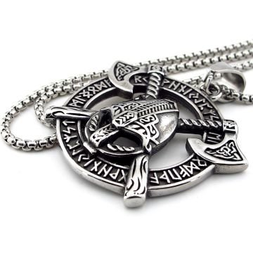 Viking Savaşçı Kaskı Çapraz Balta İskandinav Rune Titanyum Çelik Erkek Kolye Q0916