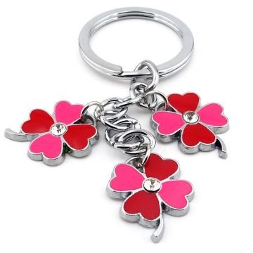 Pembe Kırmızı Dört Yapraklı Yonca Şans Taşlı Metal Anahtarlık KC158