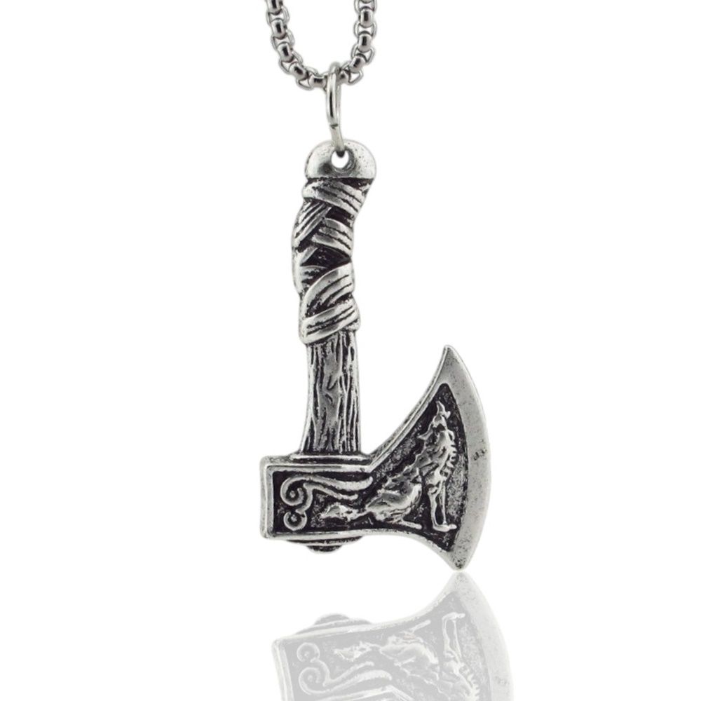 İskandinav Viking Mitolojik Fenrir Kurt Savaş Baltası Çelik Zincirli Metal Kolye Q0940