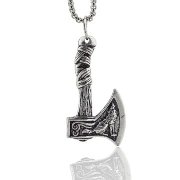 İskandinav Viking Mitolojik Fenrir Kurt Savaş Baltası Çelik Zincirli Metal Kolye Q0940