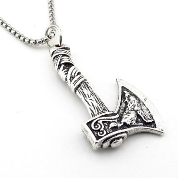 İskandinav Viking Mitolojik Fenrir Kurt Savaş Baltası Çelik Zincirli Metal Kolye Q0940