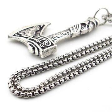 İskandinav Viking Mitolojik Fenrir Kurt Savaş Baltası Çelik Zincirli Metal Kolye Q0940
