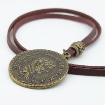 Antik Roma Sikke İmparator Marvel Antoninvs Bronz Metal Deri Erkek Kolye Q0943