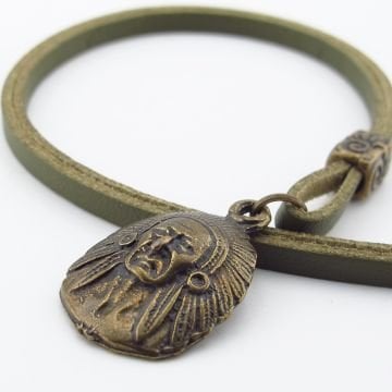 Kızılderili Şef Mitolojik Bronz Metal Haki Yeşil  Deri Erkek Kolye Q0945